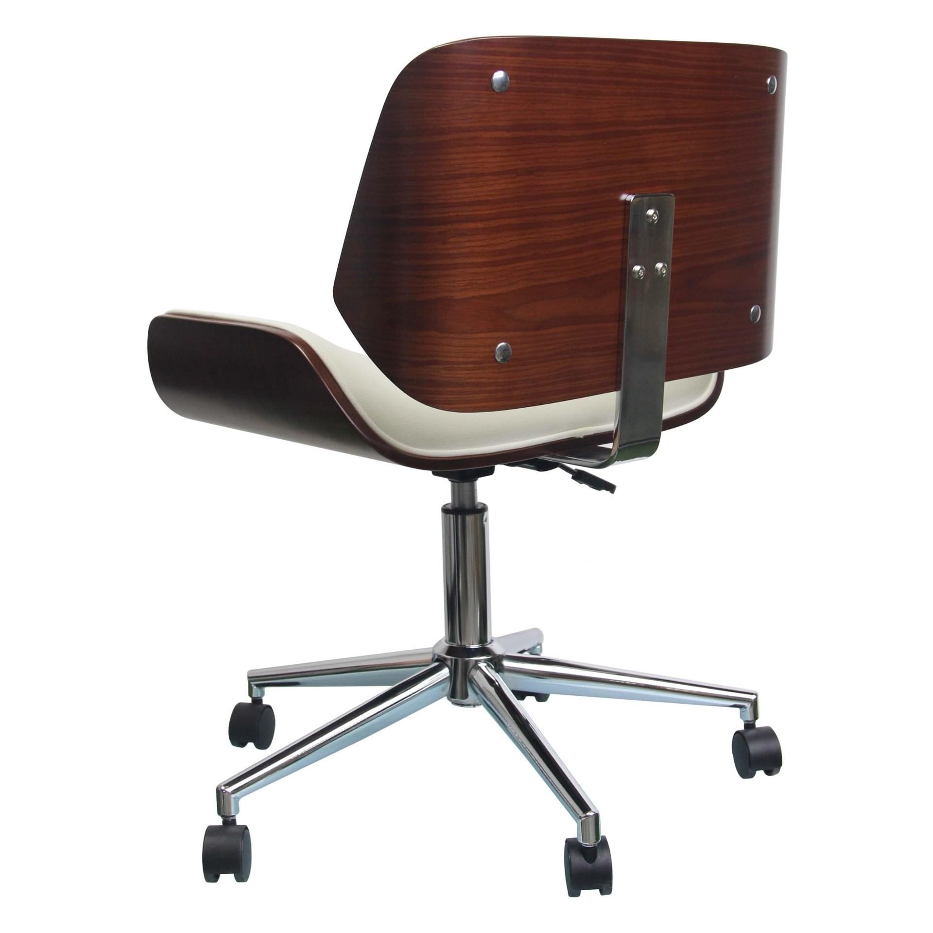 Bentwood Rectangular Rolling Desk Chair with White PU Leather Upholstery, Swivel and Height-Adjustable