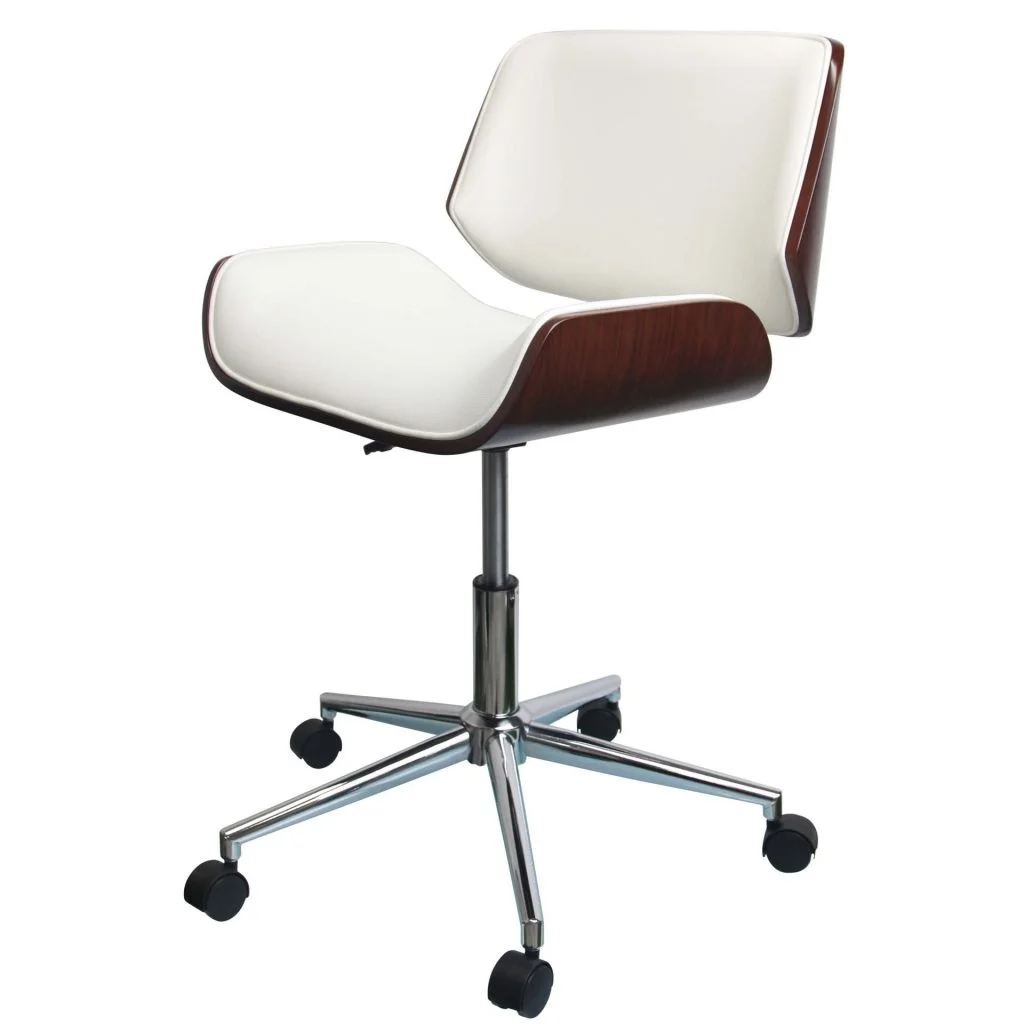 Bentwood Rectangular Rolling Desk Chair with White PU Leather Upholstery, Swivel and Height-Adjustable