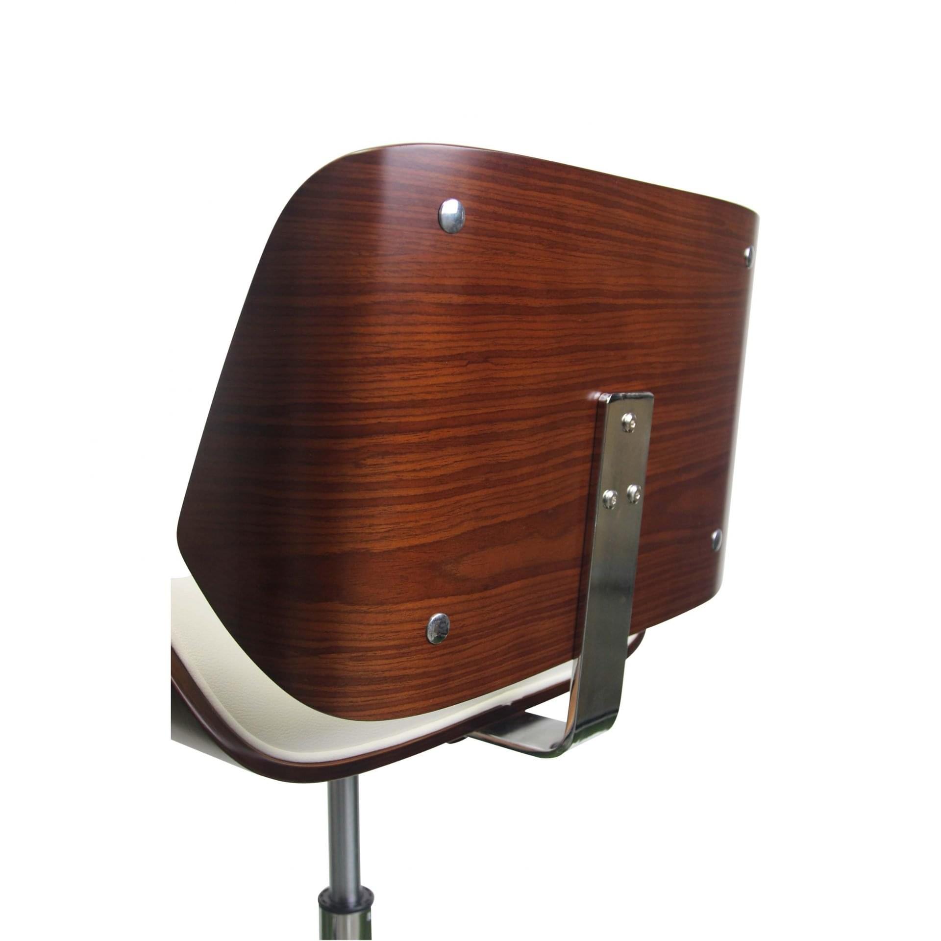 Bentwood Rectangular Rolling Desk Chair with White PU Leather Upholstery, Swivel and Height-Adjustable