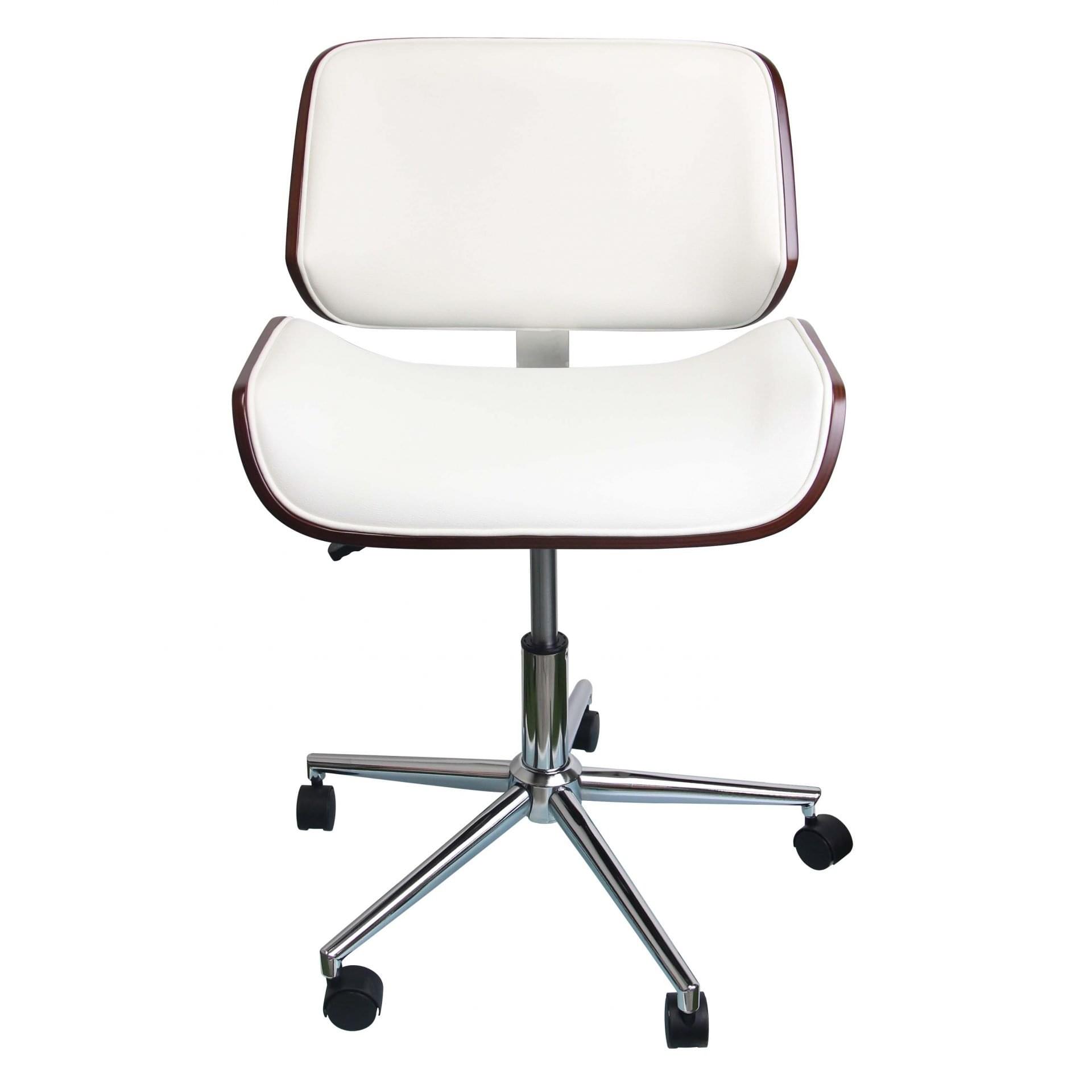 Bentwood Rectangular Rolling Desk Chair with White PU Leather Upholstery, Swivel and Height-Adjustable
