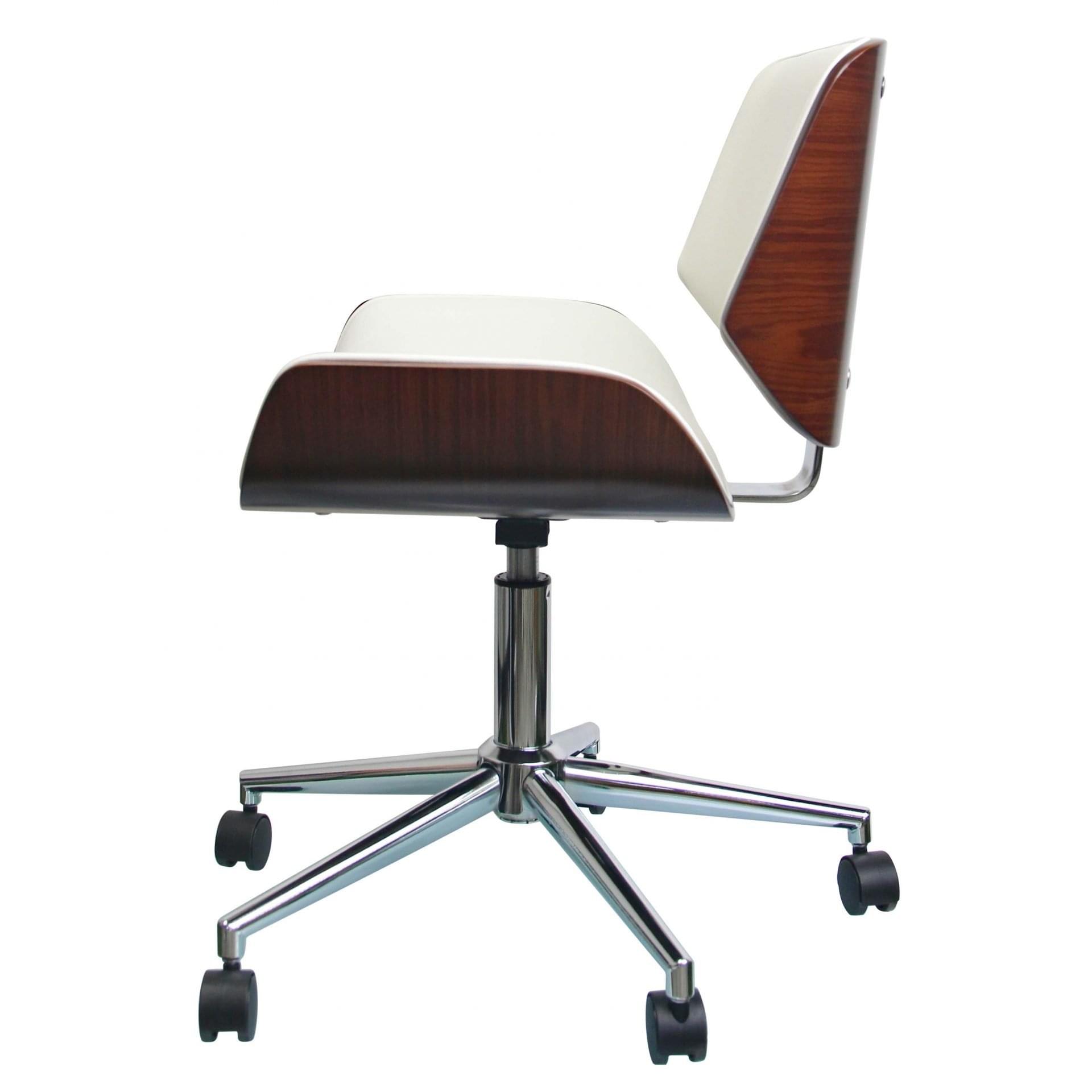 Bentwood Rectangular Rolling Desk Chair with White PU Leather Upholstery, Swivel and Height-Adjustable