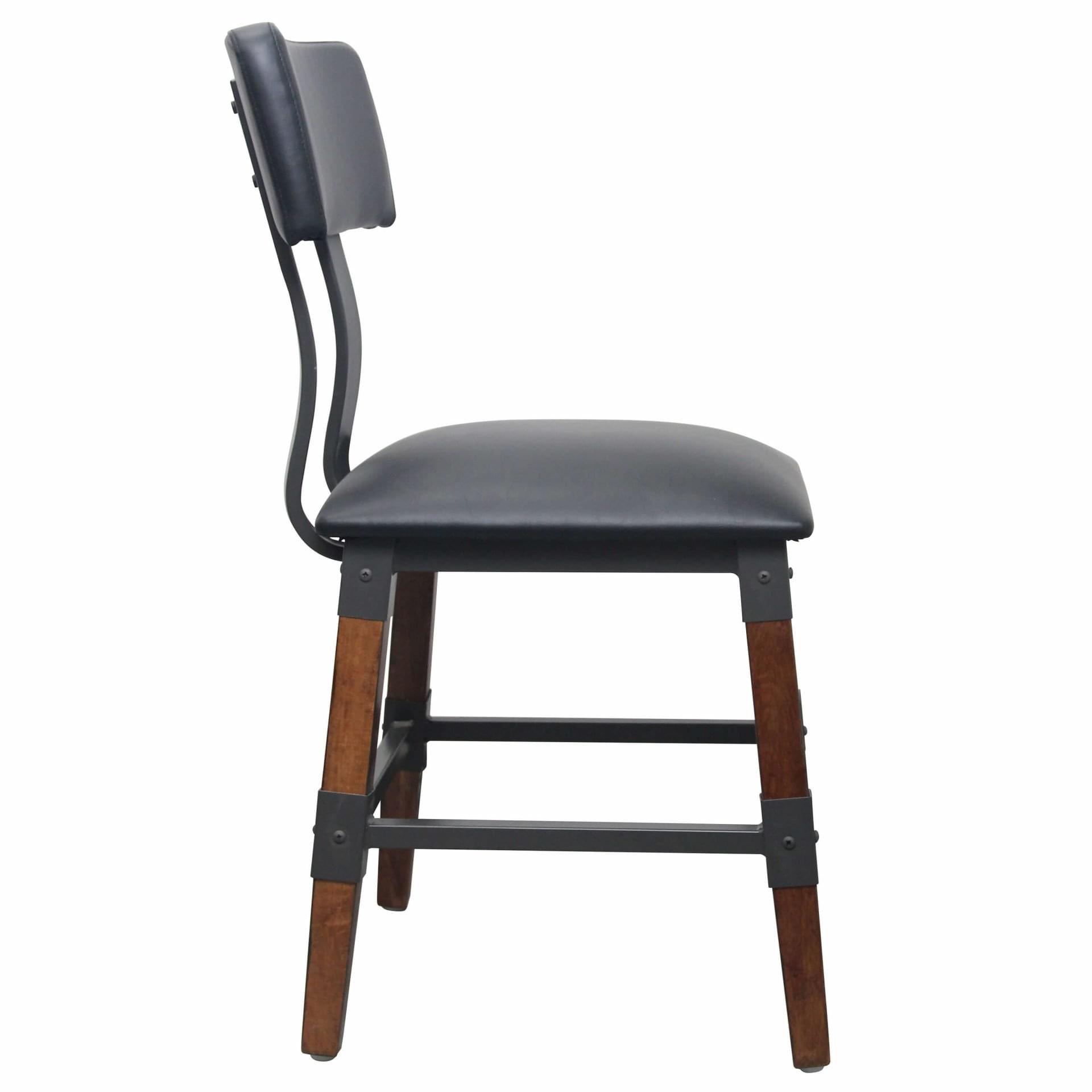 Industrial-Style High-Back Wood and Metal Restaurant Dining Chair with Black PU Upholstery, Beechwood