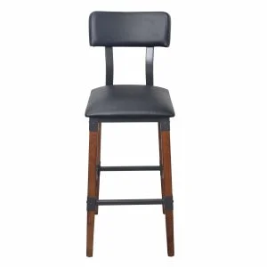 Industrial-Style High-Back Wood and Metal Restaurant Barstool with Black PU Upholstery, Beechwood