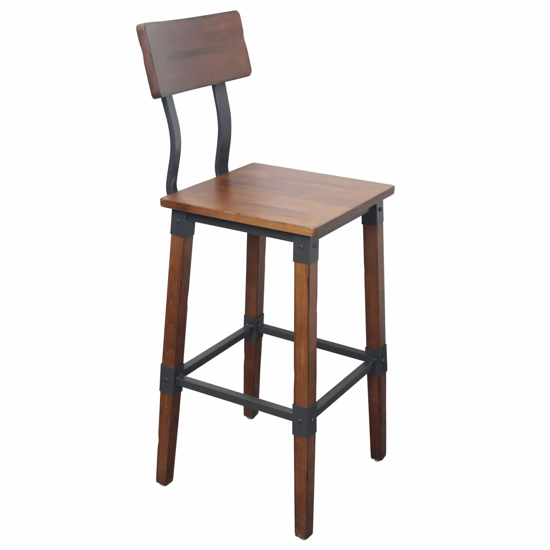 Taburete alto de estilo industrial para restaurante de madera y metal con respaldo alto, madera de haya