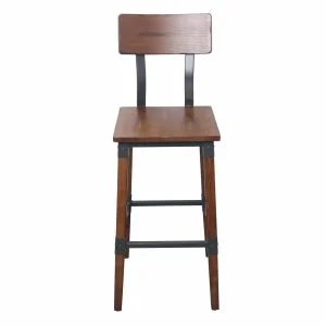 Industrial-Style High-Back Wood and Metal Restaurant Barstool, Beechwood