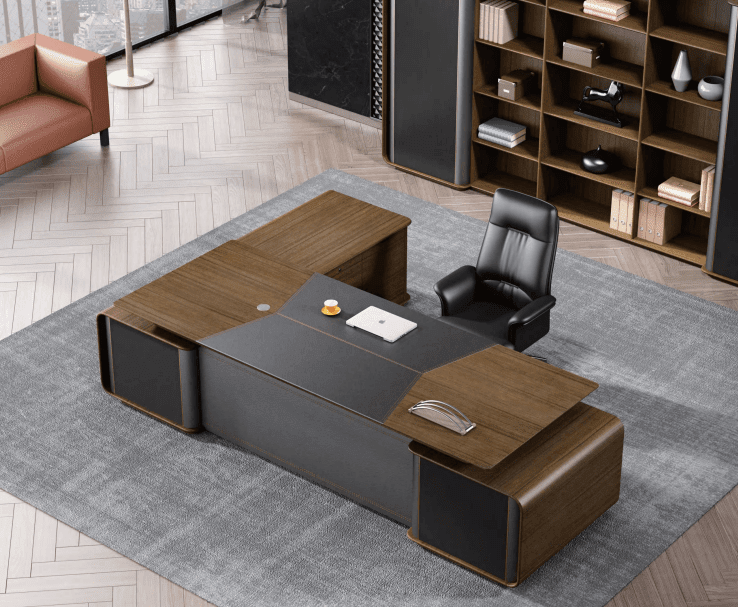 FH-ED-ODL05 - L Shaped Executive Desk Metal Gray & Natural Wood Color