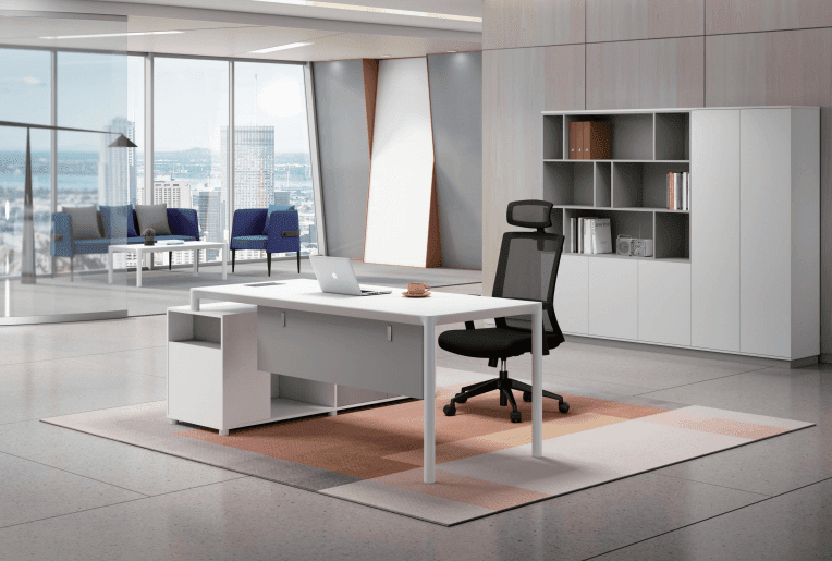 FH-ED-ODL08 - L Shaped White Executive Desk with Front Privacy Baffle