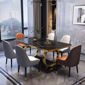 FOH-MSTT001 - Black Gold Modern Dining Set with Gold SS Base