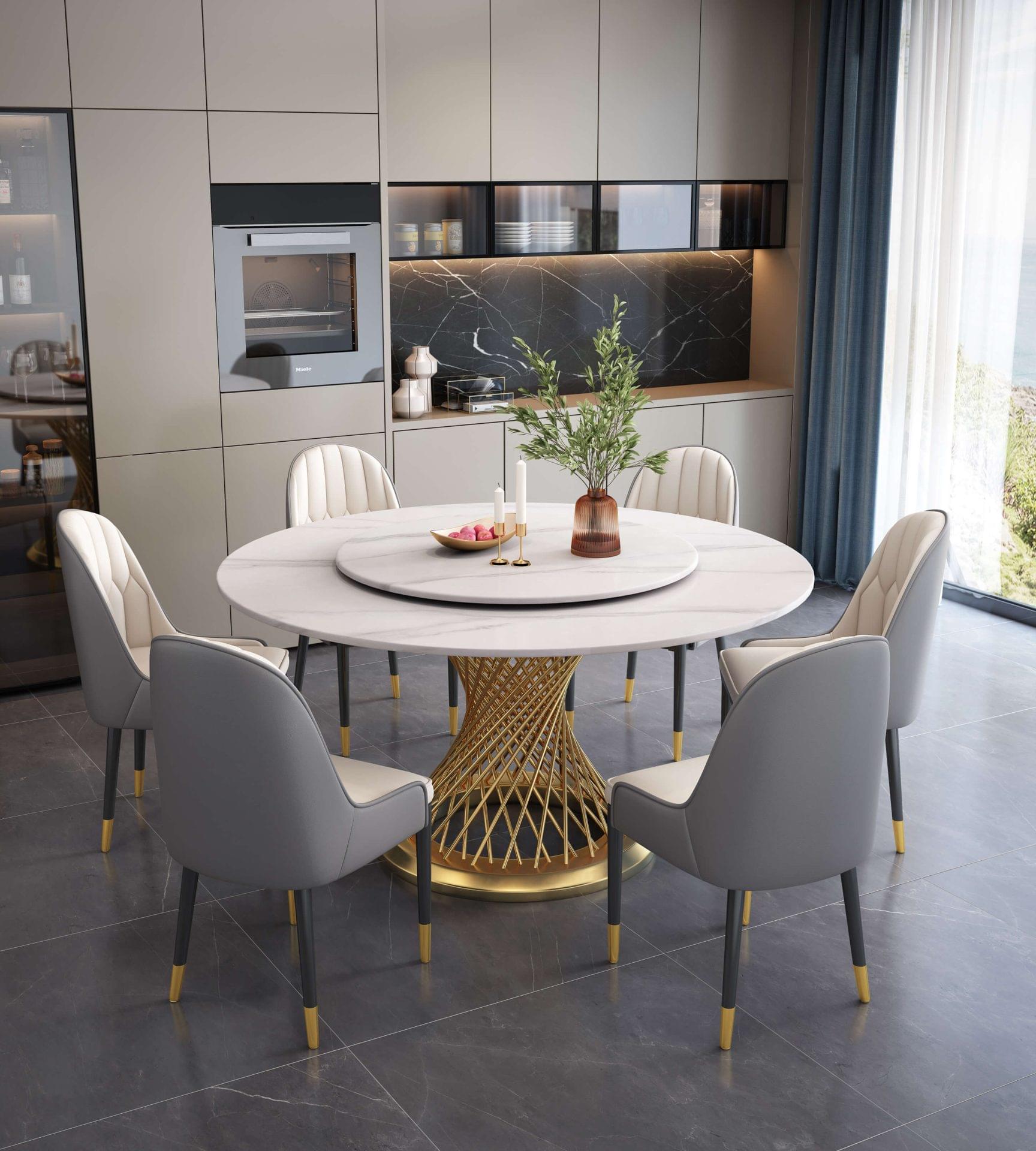 FOH-MSTT005 - Juego de comedor moderno - Mesa redonda con base de tulipán de malla metálica dorada