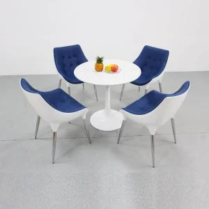 Tulip Design Marble like top Dining Table and Fiberglass shell chair for office lobby and restaurant blue color chair for 4