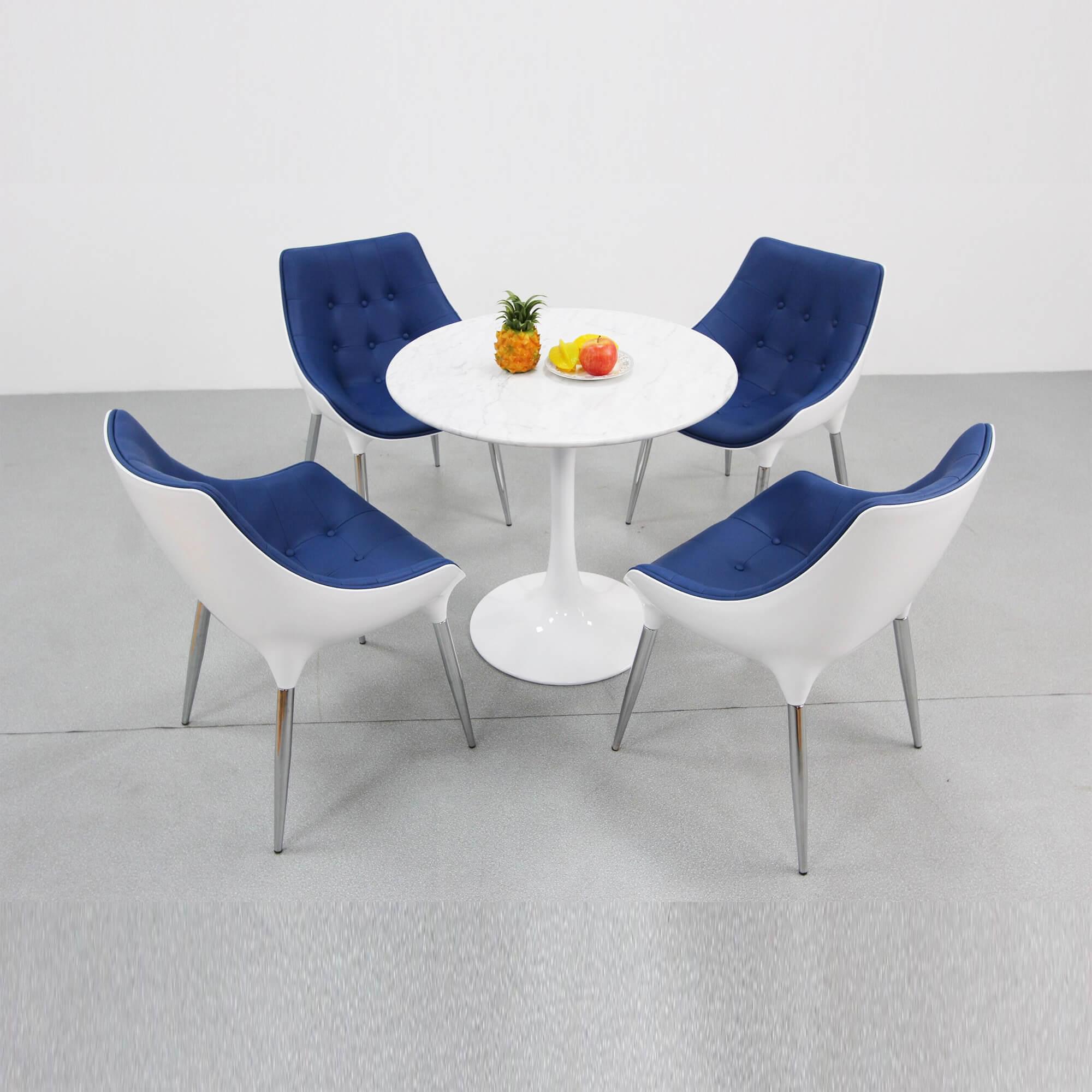 Tulip Design Marble like top Dining Table and Fiberglass shell chair for office lobby and restaurant blue color chair for 4
