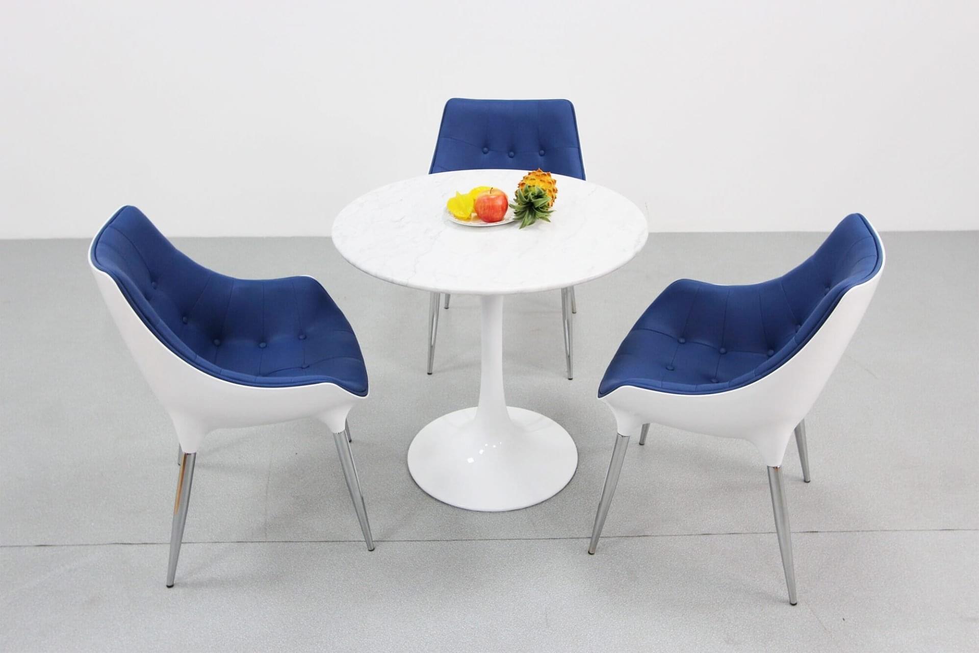 Tulip Design Marble like top Dining Table and Fiberglass shell chair for office lobby and restaurant blue color chair for 3