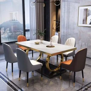 FOH-MSTT003 - Snow White Modern Dining Set with Gold SS Base
