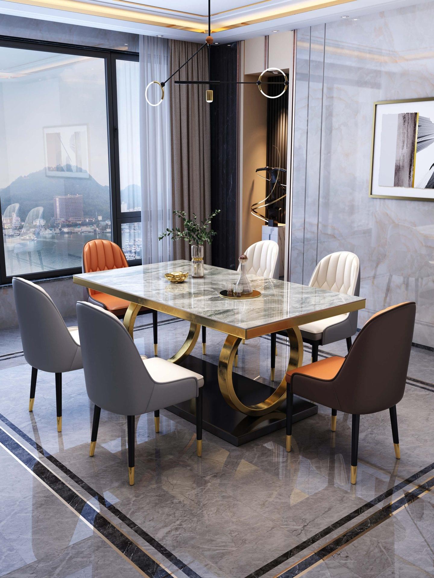 FOH-MSTT002 - Juego de comedor moderno gris claro con base de acero inoxidable dorado