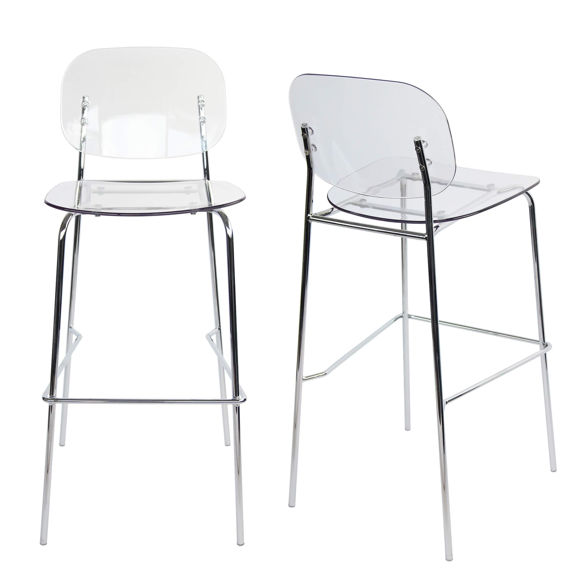 BC028ClearBar - Clear Bar Stool Chrome Metallic Frame front and back view