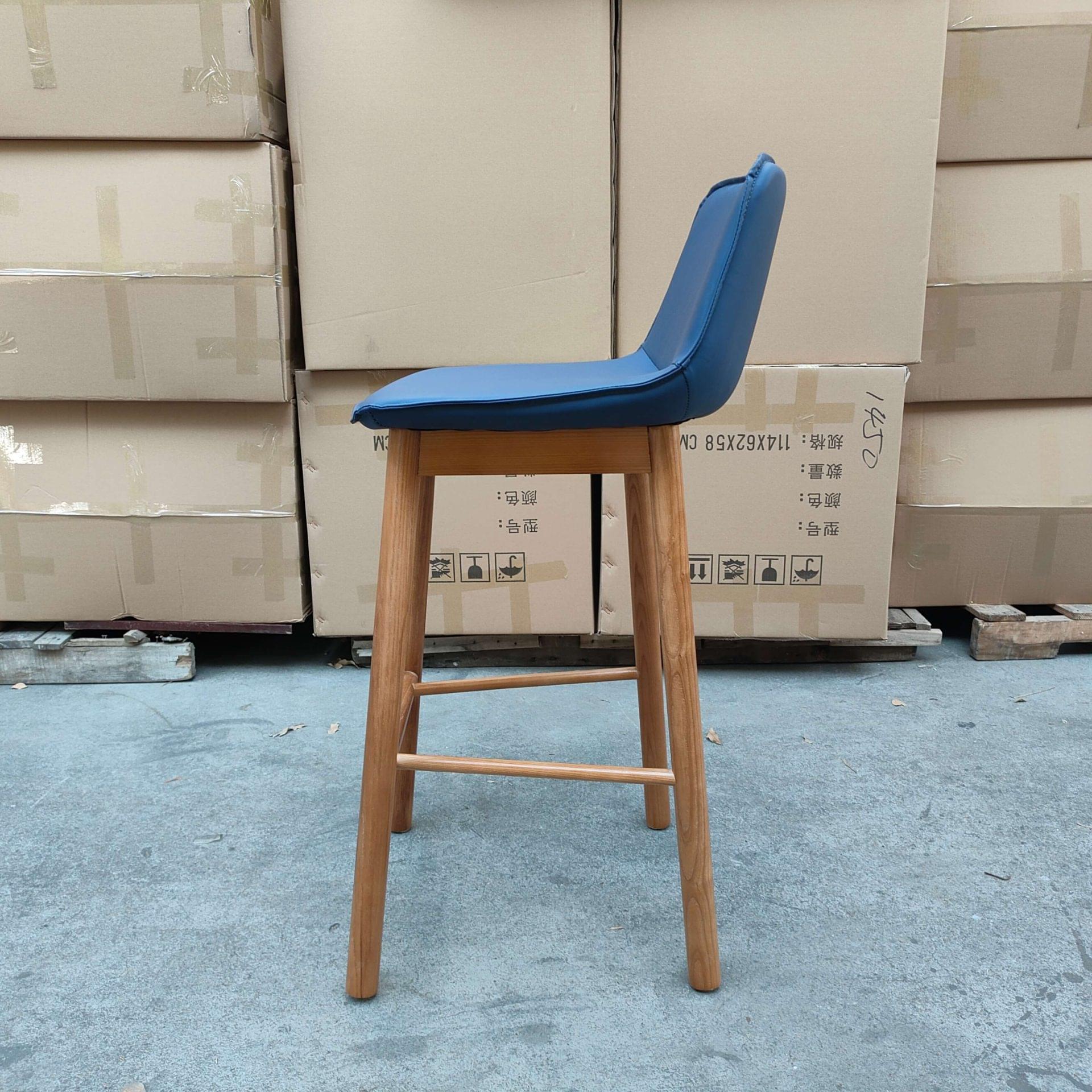 FH-BS002 - Solid Wood Base Blue Upholstered Bar Stool Side View