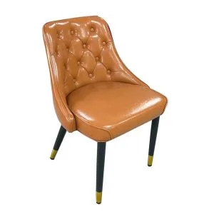 FH-CHBS128 - Glossy Brown Leather Upholstered Golden Tipped Legged Dining Chair