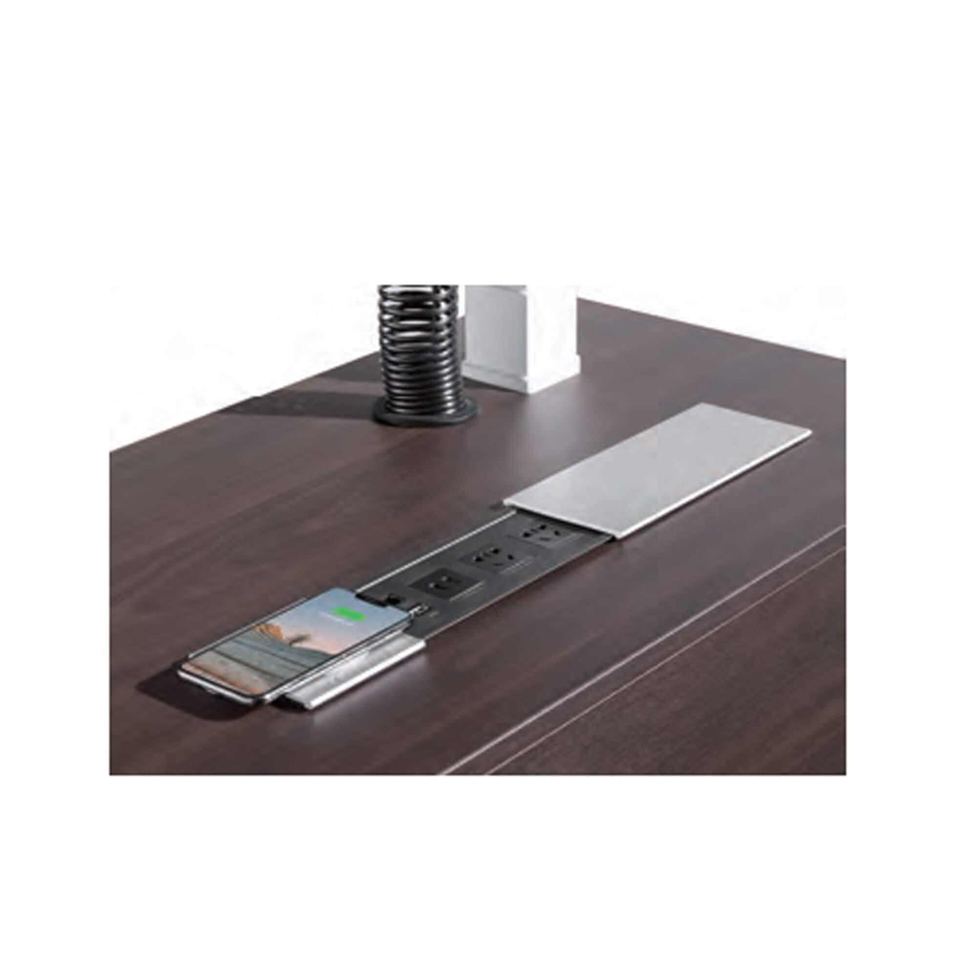FOH-JM-PG46 - Ebony Veneer Electric Lifting Executive Table wire management and mobile charger