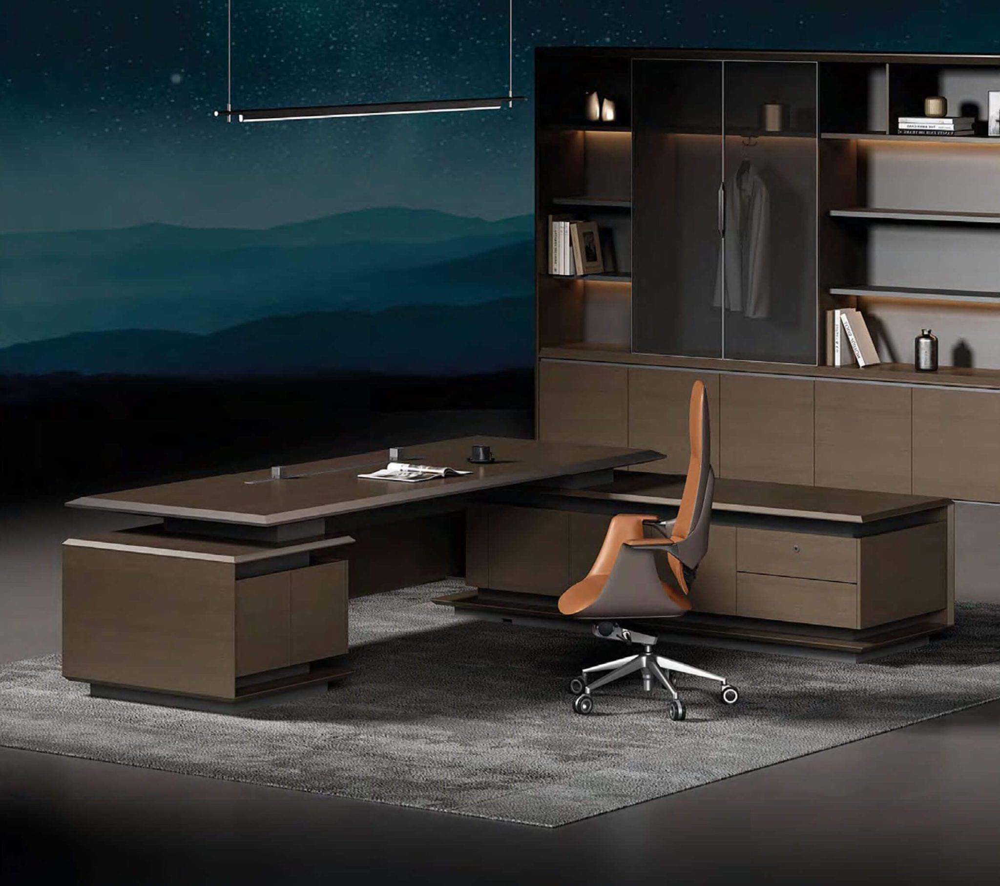 FOH-WW-PG01 - L Shaped Dark Executive Desk Panel Base less brighter office setup