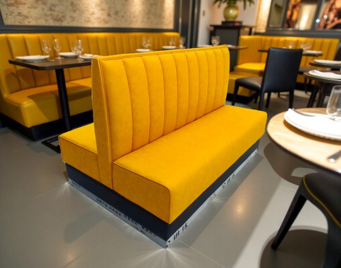 right side view of Customizable Yellow Leather Banquette – Mid-Back Restaurant Booth Seating